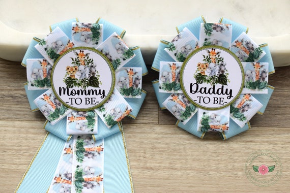 Blue Boy Jungle Safari Baby Shower, Safari Animal Mommy To Be Ribbon Pin, Animal Daddy To Be Badge Pin