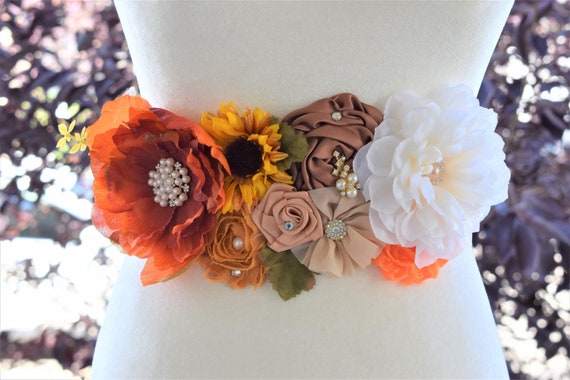 Fall Baby Shower, Maternity Sash, Autumn Flower Sash, Beige Orange Tan Vintage Flower, Brown Belly Sash, Autumn Baby Shower, Thanksgiving