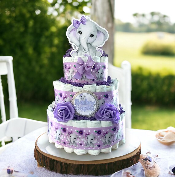 Lavender Elephant Diaper Cake Baby Shower, Girl Purple Elephant Centerpieces Decor, Room Nursery Decor, New Mom Gifts II 3 Tier Diaper Cake