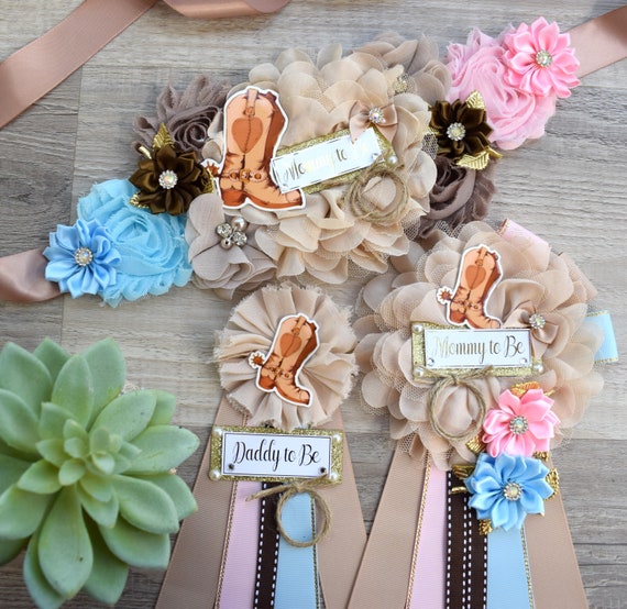 Gender Reveal Cowboy Baby Shower, Blue Pink Cowboy Maternity Sash, Boy Girl Cowboy Mommy To Be Ribbon, Daddy To Be Pin, Boot Hat Corsage Pin