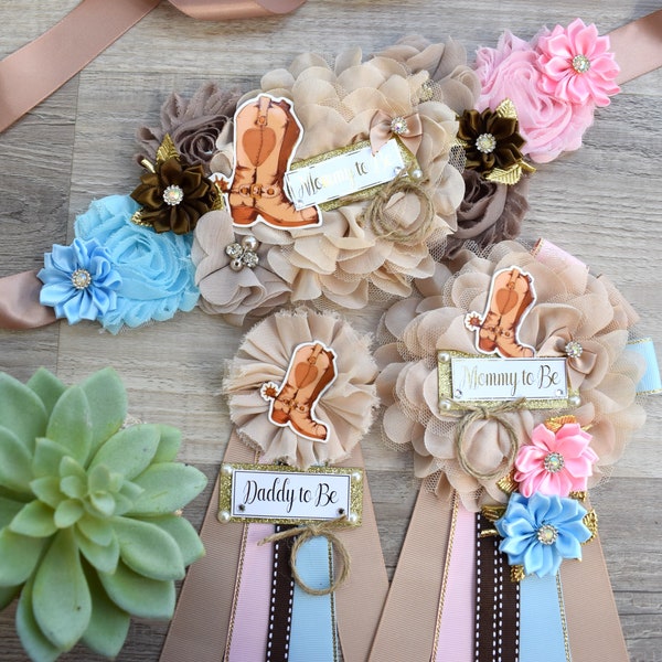 Gender Reveal Cowboy Baby Shower, Blue Pink Cowboy Maternity Sash, Boy Girl Cowboy Mommy To Be Ribbon, Daddy To Be Pin, Boot Hat Corsage Pin