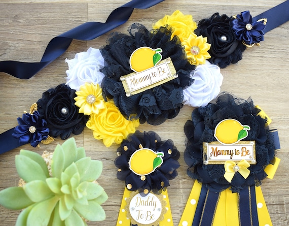 Lemon Baby Shower, Lemon Fruit Maternity Sash, Lemon Mommy To Be Ribbon Pin, Lemon Daddy To Be Ribbon, Custom