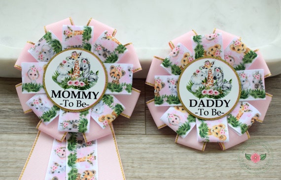 Pink Girl Safari Baby Shower, Safari Animal Floral Mommy To Be Ribbon Pin, Animal Daddy To Be Badge Pin
