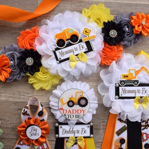 Under Construction Baby Shower, Boy Construction Maternity Sash, Black Yellow Orange Badge, Mommy To Be Pin, Daddy To Be Pin, Baby Shower