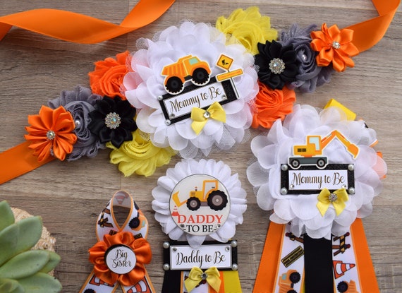 Under Construction Baby Shower, Boy Construction Maternity Sash, Black Yellow Orange Badge, Mommy To Be Pin, Daddy To Be Pin, Baby Shower