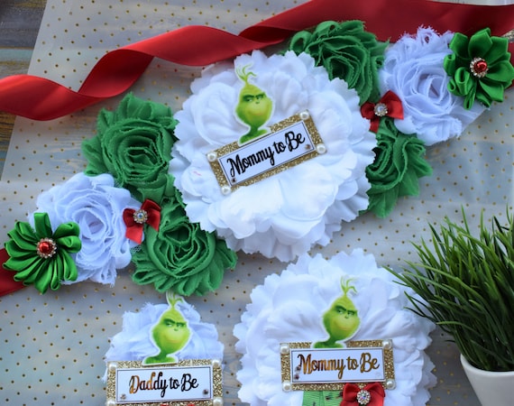 Grinch Baby Shower Set, Christmas Maternity Sash, Red Green Mommy To Be Pin, Daddy To Be Pin, Baby Shower Gift, Custom Order Welcome
