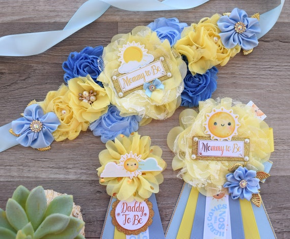 Here Come The Son Baby Shower, Neutral Yellow Ivory Maternity Sash, Mommy To Be Ribbon Badge Pin, Daddy To Be Pin, Here Come The Sun