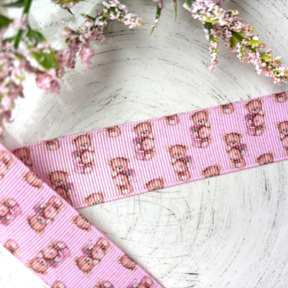 Girl Pink Bear Grosgrain Ribbon, Diaper Cake Ribbon, Girl Teddy Bear Baby Shower Ribbon || 3 Yards of Ribbon - 1" (25mm)