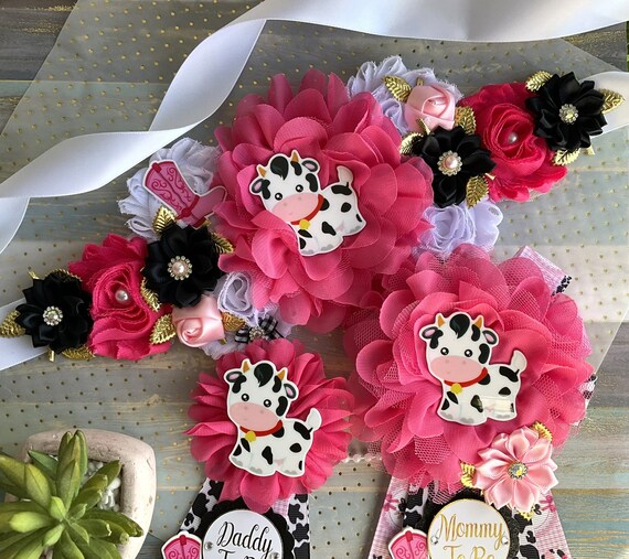 Disco Cowgirl Baby Shower, Cowgirl Maternity Sash, Girl Farm Mommy To Be Ribbon, Daddy To Be Pin, Hot Pink Black White, Baby Shower Gift