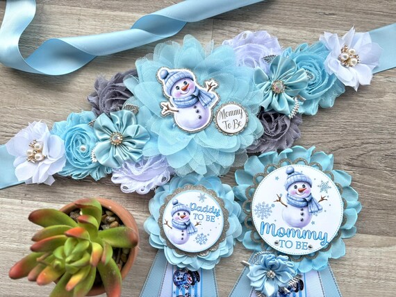 Boy Snowman Baby Shower Pins, Blue Snowman Maternity Sash, Mommy To Be Pin, Snowman Daddy To Be Pin, Baby Shower Gift, Custom Order Welcome