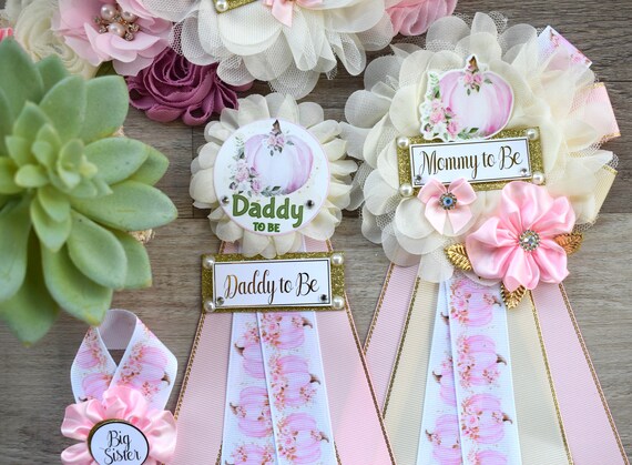Pink Girl Pumpkin Baby Shower, Pastel Pink Maternity Sash, Pink Mommy To Be Ribbon, Pumpkin Daddy To Be Pin, Pink Baby Shower Present