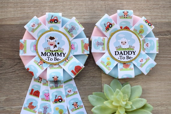 Farm Barn Animal Baby Shower, Cow Sheep Horse Mommy To Be Ribbon Pin, Daddy To Be Ribbon Pin
