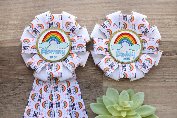 Rainbow Maternity Sash, Multicolored Parent Pins, Rainbow Mommy To Be Ribbon Pin, Rainbow Daddy to Be Pin