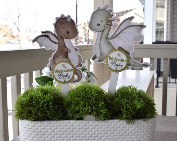 Dragon Cake Toppers Baby Shower, Boy Dragon Baby Shower Centerpieces Decorations, Neutral Boy Room Nursery Decor, New Mom Gifts - S00016