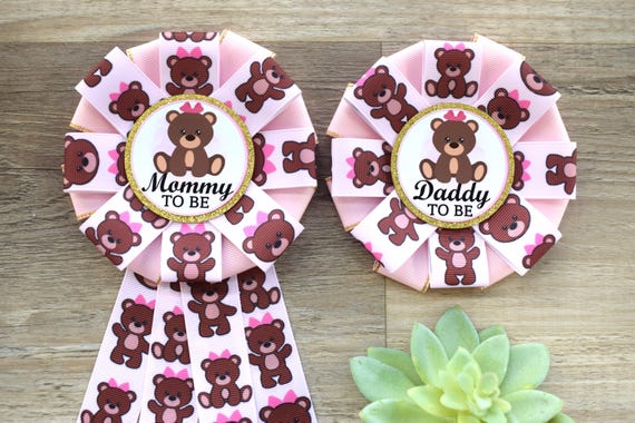 Pink Girl Teddy Bear Baby Shower, Girl Bear Mommy To Be Ribbon Pin, Teddy Bear Daddy To Be Pin, Parent's To Be Pins