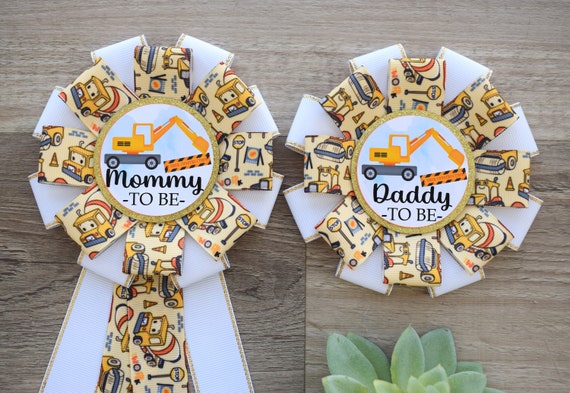 Under Construction Baby Shower, Under Construction Truck Corsage Pins, Yellow Orange Badge Pins, Mommy To Be Ribbon, Daddy To Be Pin