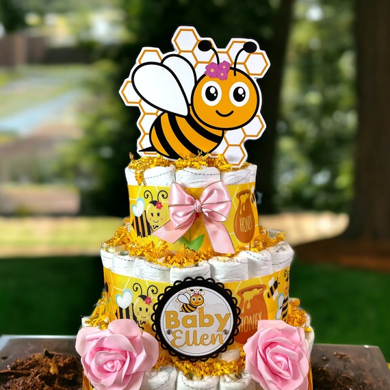 Girl Bumble Bee Diaper Cake Baby Shower, Sunflower 3 Tier Diaper Cake Centerpieces Decorations, What Will Baby Bee, Bee Cake Topper - S0023