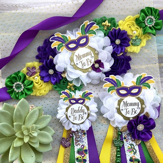Mardi Gras Baby Shower, Green Yellow Purple Maternity Sash, Mardi Gras Mommy To Be Ribbon, Carnival Mardi Gras Daddy To Be Pin, Custom