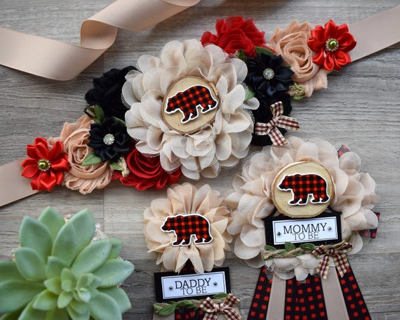 Bear Buffalo Plaid Baby Shower, Lumberjack Maternity Sash, Mommy To Be Pin, Daddy To Be Pin, Baby Shower Gift, Custom Order Welcome