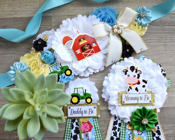 Farm Animal Baby Shower, Barn Animal Baby Shower, Cow Sheep Horse Mommy To Be Ribbon Pin, Daddy To Be Ribbon Pin, Green Truck Baby Shower
