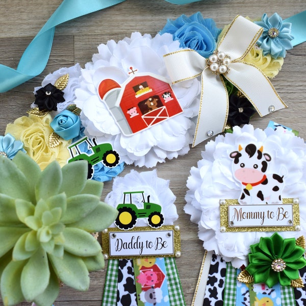 Farm Animal Baby Shower, Barn Animal Baby Shower, Cow Sheep Horse Mommy To Be Ribbon Pin, Daddy To Be Ribbon Pin, Green Truck Baby Shower