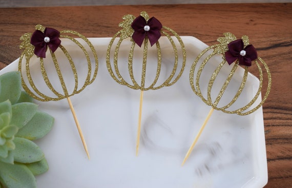 12 Burgundy Gold Pumpkin Cupcake Topper, Pumpkin Baby Shower, Burgundy Pumpkin Party, Set of 12