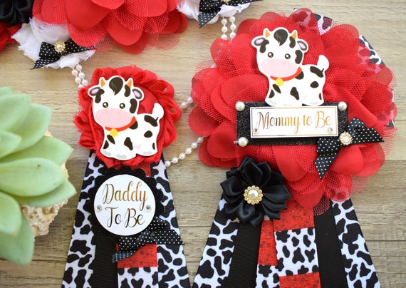 Red Cow Baby Shower, Cow Maternity Sash, Farm Cow Mommy To Be Ribbon, Daddy To Be Ribbon Pin, Red Black White, Baby Shower Gift