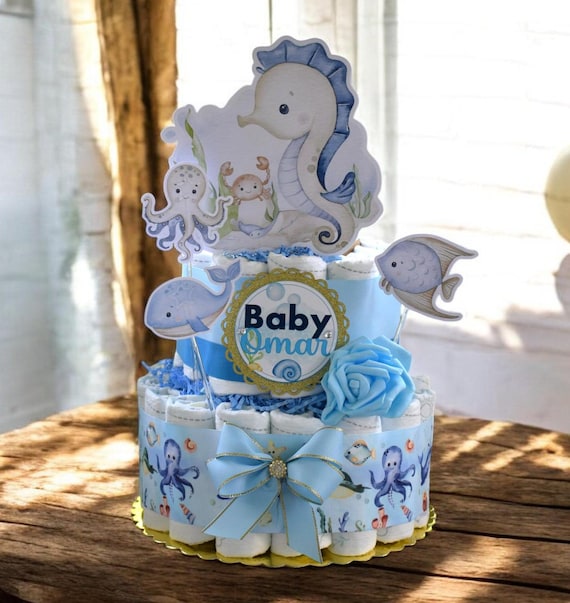 Under The Sea 2 Tier Diaper Cake Baby Shower, Octopus Turtle Baby Shower Centerpieces Decoration, Boy Room Nursery Decor, New Mom Gift - S15