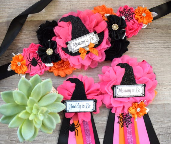 Witch Hat Halloween Baby Shower, Fuchsia Orange Maternity Sash, Mommy To Be Ribbon, Daddy To Be Pin, Halloween Baby Shower Gift, Custom