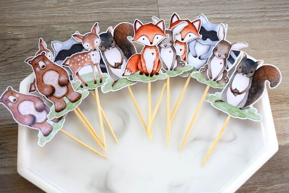 12 Woodland Cupcake, Cupcake Toppers, Baby Shower, Fox Bear Deer Rabbit Raccoon Skunk & Squirrel, Baby Shower Decorations - S0005