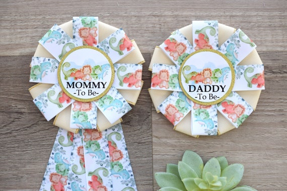 Neutral Boho Dinosaur Baby Shower, Neutral Gender Reveal Dinosaur Corsage Pin, Dinosaur Mommy to Be Ribbon Pin, Dinosaur Daddy to Be Pin