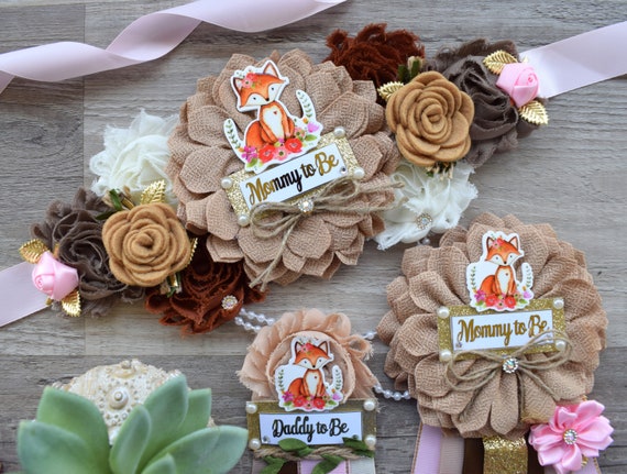 Girl Fox Woodland Baby Shower, Pink Fox Maternity Sash, Girl Woodland Mommy To Be Ribbon, Floral Fox Daddy To Be Pin, Custom