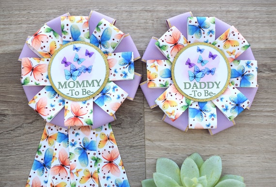Butterfly Baby Shower, Butterfly Mommy To Be Ribbon Pin, Butterfly Daddy To Be Pin, Lavender Gold Butterfly Big Sister, Big Brother
