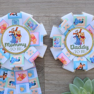 Gender Reveal Pastel Baby Shower, Mommy To Be Ribbon & Daddy To Be Pin