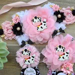 Pink Cow Baby Shower, Girl Cow Maternity Sash, Farm Cow Mommy To Be Ribbon, Daddy To Be Ribbon Pin, Pink Black White, Baby Shower Gift