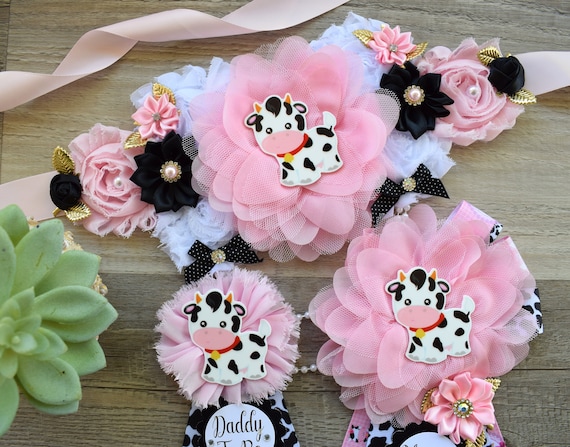 Pink Cow Baby Shower, Girl Cow Maternity Sash, Farm Cow Mommy To Be Ribbon, Daddy To Be Ribbon Pin, Pink Black White, Baby Shower Gift