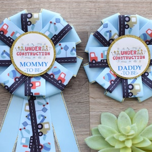 Under Construction Baby Shower, Under Construction Truck Corsage Pins, Yellow Orange Badge Pins, Mommy To Be Ribbon, Daddy To Be Pin