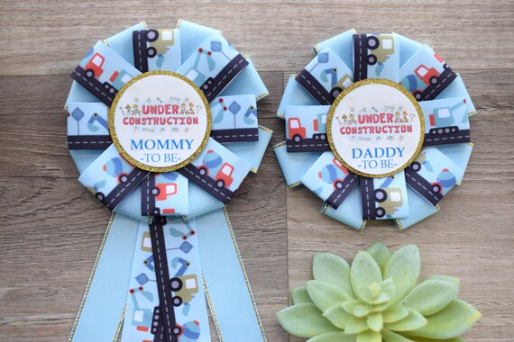 Under Construction Baby Shower, Under Construction Truck Corsage Pins, Yellow Orange Badge Pins, Mommy To Be Ribbon, Daddy To Be Pin