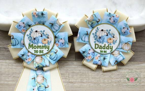 Blue Pumpkin Baby Shower, Boy Mommy To Be Ribbon Pin, Pumpkin Daddy To Be Pin, Big Sister Pin, Big Brother Pin