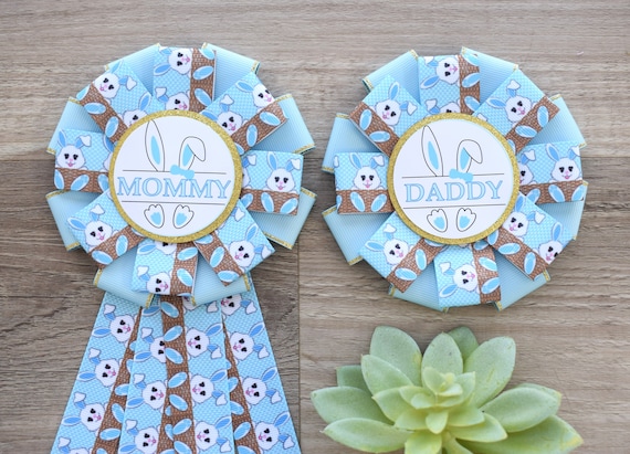 Blue Boy Rabbit Baby Shower, Easter Baby Shower, Bunny Mommy to Be Ribbon Pin, Daddy To Be Pin