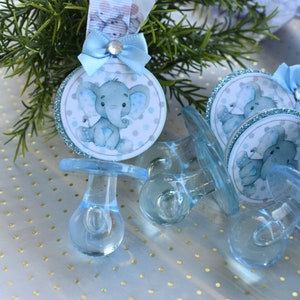 12 Blue Elephant Pacifier Ribbon Necklaces Baby Shower, Blue Grey Elephant Acrylic, Elephant Baby Shower