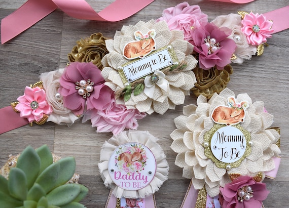 Girl Deer Baby Shower, Pink Deer Mommy To Be Maternity Sash, Deer Daddy To Be Corsage Pins, Pink Tan Gold Girl Beer, Custom