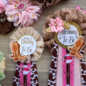 Pink Cowgirl Baby Shower, Pink Cowgirl Maternity Sash, Cowgirl Mommy and Daddy To Be Pin, Pink Brown Flower Sash, Girl Boot Hat Corsage Pin