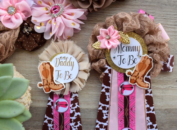 Pink Cowgirl Baby Shower, Pink Cowgirl Maternity Sash, Cowgirl Mommy and Daddy To Be Pin, Pink Brown Flower Sash, Girl Boot Hat Corsage Pin
