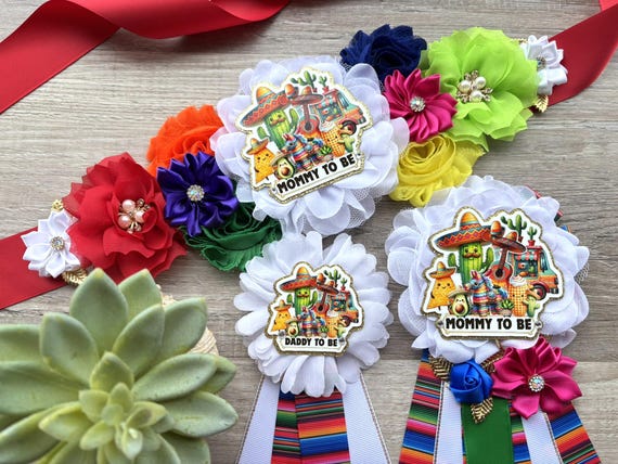 Mexico Fiesta Serape Baby Shower, Fiesta Maternity Sash, Mommy To Be Pin, Mexican Daddy To Be Pin, Baby Shower Gift, Custom Welcome