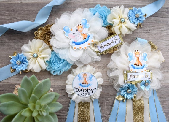 Blue Giraffe Baby Shower, Blue Giraffe Maternity Sash, Blue Giraffe Mommy To Be Pin, Giraffe Daddy To Be Pin, Baby Shower Gift, Custom Pin