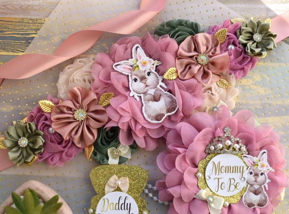 Girl Bunny Baby Shower, Bunny Maternity Belly Sash, Pink Gold Sage Rabbit Rabbit, Bunny Mommy To Be Ribbon, Bunny Daddy To Be Pin