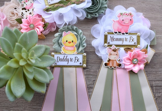 Girl Farm Animal Baby Shower, Barn Animal Baby Shower, Cow Sheep Horse Mommy To Be Ribbon Pin, Farm Daddy To Be Ribbon Pin - S0003