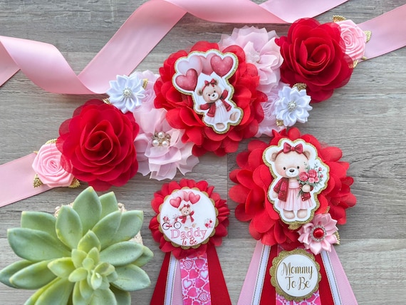 Girl Valentine Baby Shower, Little Bear Sweetheart Maternity Sash, Red Pink Love Heart Mommy To Be Ribbon, Valentine Daddy To Be Pin, Custom