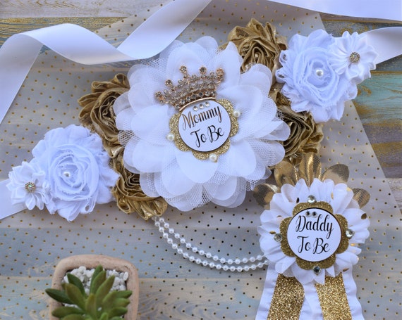 White Gold Prince Flower Sash, White Gold Maternity Sash, Gender Reveal Gold Pregnant Sash, Mommy and Daddy To Be, White Gold Baby Shower